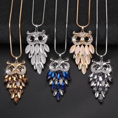 Exquisite Long Necklace CZ Rhinestone Opal Crystal Owl Pendant Necklace For Women Decoration Sweater Chain Vintage Jewelry Gifts
