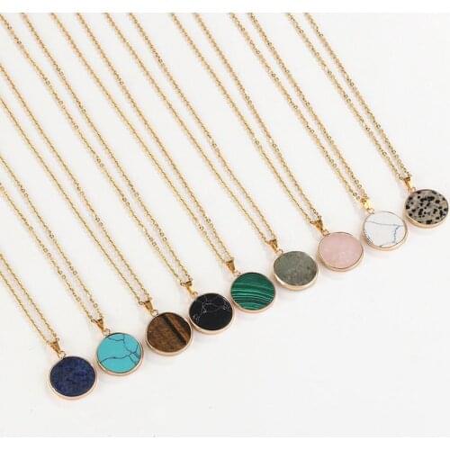Small Gold Filled Round Natural Stone Disc Pendant Necklace for Women Fashion Stainless Steel Turquoise Choker Necklace Jewelry