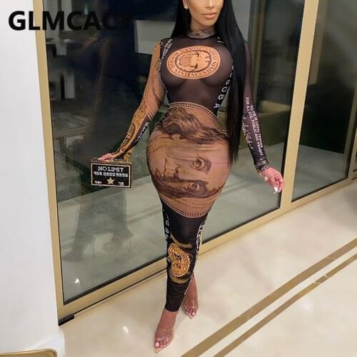 Women USD Printed Mesh Dress Long Sleeve O-neck Bodycon Rich Midi Dress