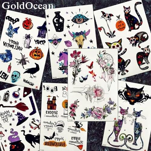 Watercolor Flash Dreamcatcher Tattoos Stickers Children Arm Cartoon Cats Pumpkin Tatoos Temporary Women Chest Flower Tattoo DIY