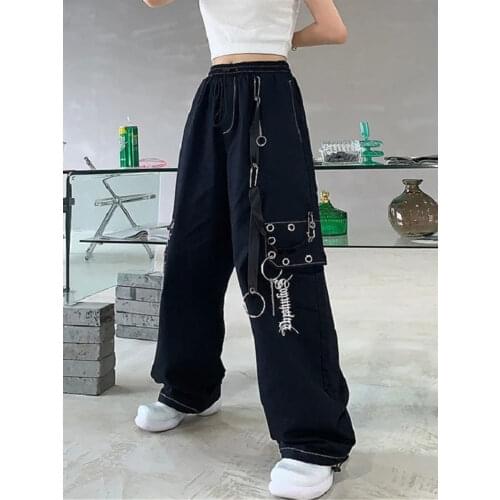 Black Korean Summer Gothic Pants Harajuku Cargo Pants Japan Loose Autumn Trousers Fashion Funny Straight Hip Hop Pants Women