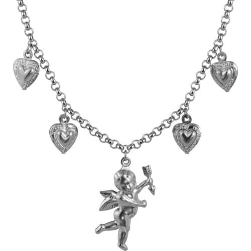 New Fashion Titanium Steel Stainless Steel Love Angel Wing Love Heart Bell Clavicle Chain Necklace Jewelry Gifts Girls
