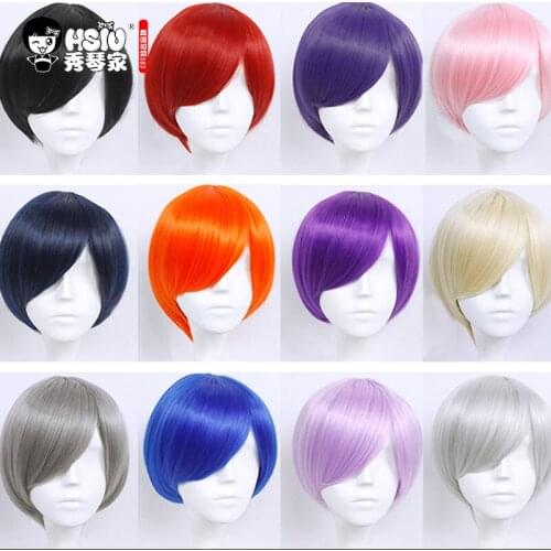HSIU 30cm short Wig Black white purple blue red yellow high temperature fiber Synthetic Wigs Costume Party Cosplay Wig 20 color