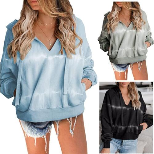 Tie Dye Hoodies Women Fashion Print Sweatshirt Cow Print Pockets Autumn V-neck Clothes Jacket Streetwear Harajuku Hoodie