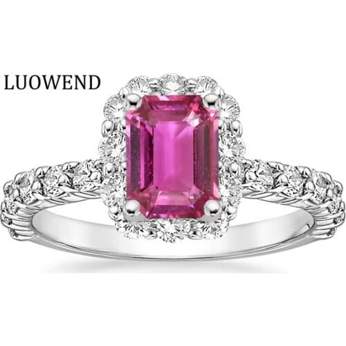 ANI 18K White Gold (AU750) Women Wedding Ring Natural Pink Sapphire Oval/Rectangle Shape Engagement Real Diamond Halo Ring