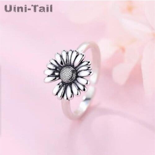 Uini-Tail new design hot sale 925 Thai silver retro small daisy open ring small fresh fashion sweet romantic sunflower ring