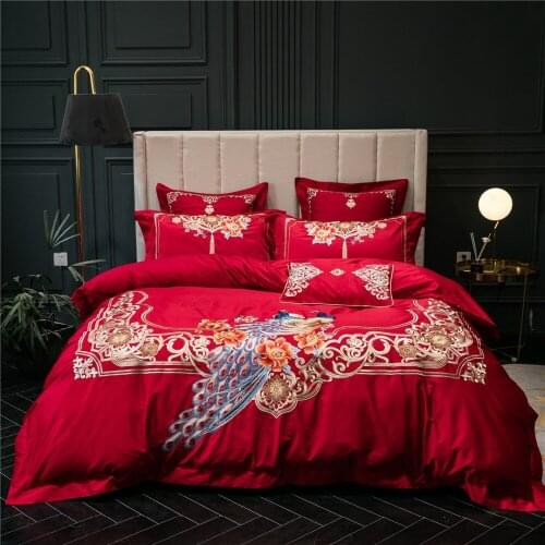 Noble 100S Egyptian cotton Embroidered Bedding sets Peacock Queen King Wedding Duvet cover Bed sheet set Pillowcases 4/6pcs red