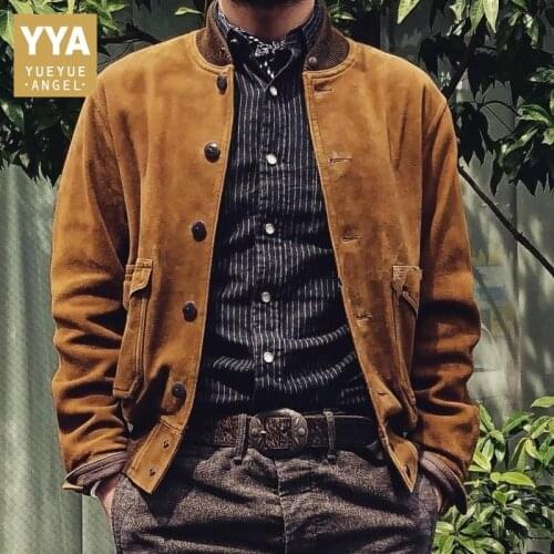 Vintage Cow Suede Jacket Men Genuine Leather Bomber Jackets Stand Collar Single Breasted Solid Pilot Coats Male Fashion Overcoat