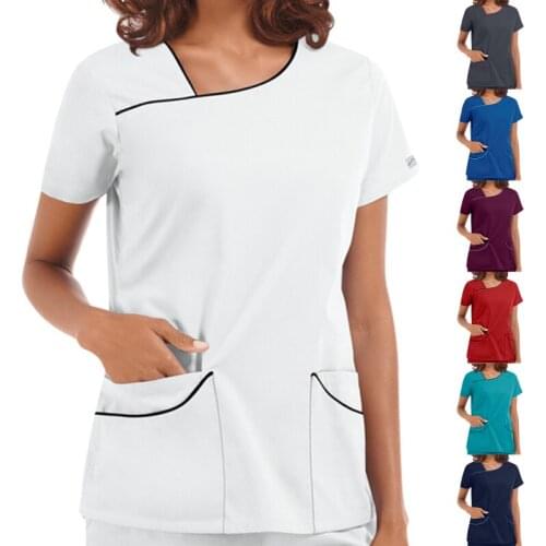 Summer Women Work Clothes Soild Color V Neck Pocket Care Workers Tops Workwear Top Nurse Uniform Clinic Blouse