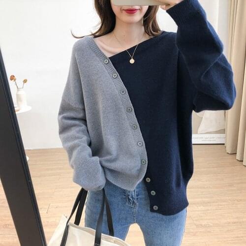 Small cardigan design sense of contrast color long sleeve sweater womens Korean loose and thin sweater bottoming shirt