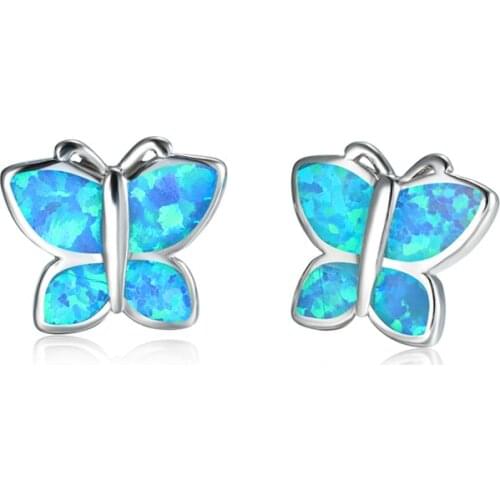 Cute Female White Blue Opal Stud Earrings Classic Animal Small Butterfly Earrings Dainty Silver Color Wedding Earrings For Women