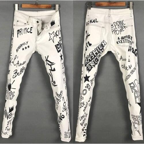 American Street Style Fashion Men Jeans Retro Gray White Elastic Slim Fit Printed Jeans For Men Hip Hop Denim Punk Pencil Pants