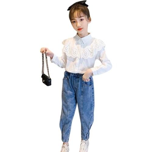 Girls Clothes Blouse + Jeans Childrens Clothes For Girls Patchwork Girls Sets Casual Style Costumes For Children