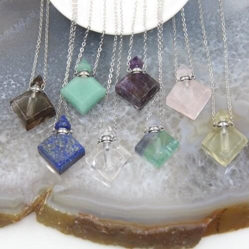Natural Gems Crystal Diamonds Perfume Bottle Pendants,Plated Silvers Chains Prismatic Quartz Essential Oil Diffuser Vial Charms