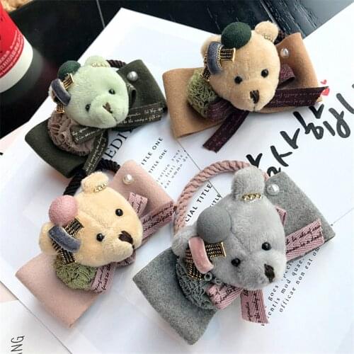 Women Hair Ties Elastic Rubber Bands Girl Fabric Cartoon Bear Bow Knot Korean Scrunchies Head Accessories Handmade Wholesale