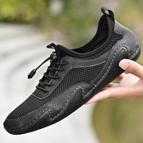 Mesh Men Breathable Casual Shoes Outdoor Plus Size Fashion Sneakers Lace-up Split Leather Comfortable Walking Sport Shoes