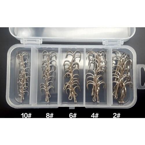 50pcs/lot Treble Fishing Hook In box High Carbon Steel Barbed Hooks Fishing Tackle Black/Silver Fish Hook DG04