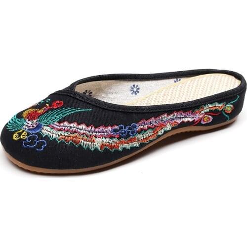 YourSeason Phoenix Embroidered Ladies Cotton Close Toe Flat Shoes Comfort Summer Slides Handmade Vintage Women Summer Slippers