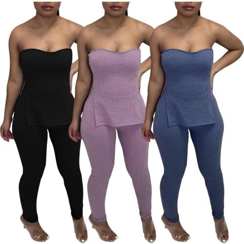 Echoine Summer Ripped Strapless Sleeveless Split Top Skinny Pencil Pants Two Piece Set Club Party Outfits Matching Set New 2021