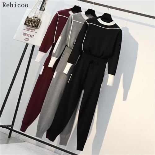 Rebicoo Knitted Casual Tracksuit Pant Suits Fashion Elegant 2 Piece Set Women Pullover Sweater And Trousers Set