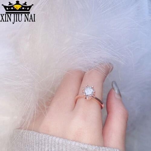Rose gold single diamond inlaid round Light luxury six-claw elegant fashion simulation gem female ring