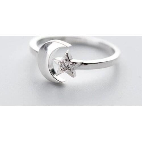Sole Memory Cute Shiny Moon Stars 925 Sterling Silver Female Resizable Opening Rings SRI946