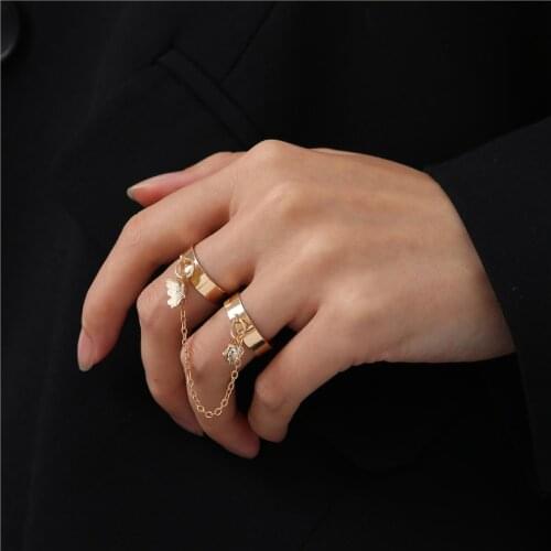Punk Cool Hip Pop Chain Rings for Women Silver Color Multiple Connected Chain Link Open Finger Rings Party Gift Jewelry