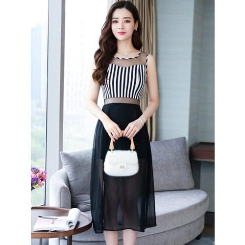 AIYANGA Summer Dress Women 2019 Slim Sleeveless Dresses Female Black Stripe Long Dress Sexy Chiffon Party Wear