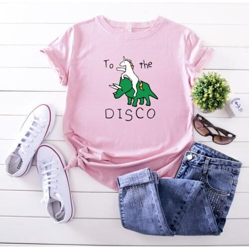 100% Cotton Summer Funny Womens T-shirt O-Neck Harajuku Unicorn Disco Rhinoceros Top Casual Female T shirt Oversized Size S-5XL