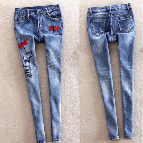2018 Denim Pants Girl Fashion Women Elastic Rhinestones Skinny Stretch Jean Female Blue Jeans embroidery Sequined jeans