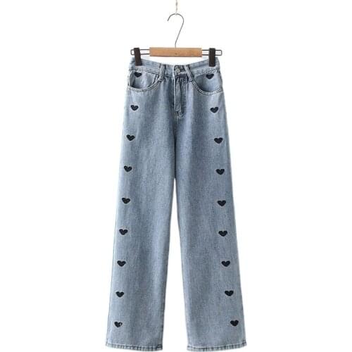 2021 Spring Korean Love Embroidery Casual Jeans Womens High Waist Wide Leg Pants Female Harajuku Denim Trousers 2112952