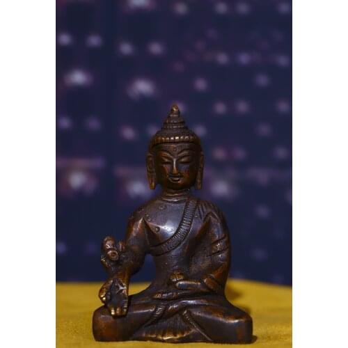3"Tibet Buddhism Old Bronze Lima Copper Engraved Medicine Buddha Shakyamuni Buddha Statue Sitting Buddha Enshrine the Buddha