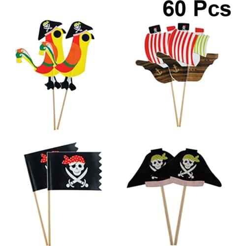 60pcs Pirate Theme Cupcake Toppers Cartoon Birthday Party Supplies Kids Baby Cake Decoration