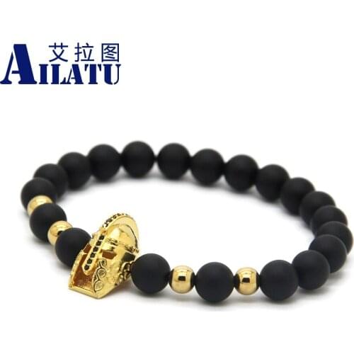 Ailatu 10pcs/lot Men Jewelry 8mm Matte Onyx Stone Beads with Micro Pave CZ Spartan Warrior Bracelet