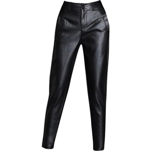 100% Real Leather Pants Women Black Sheepskin Leggings High-Waisted Loose-fitting Bottom Trousers Lady Leather Pants