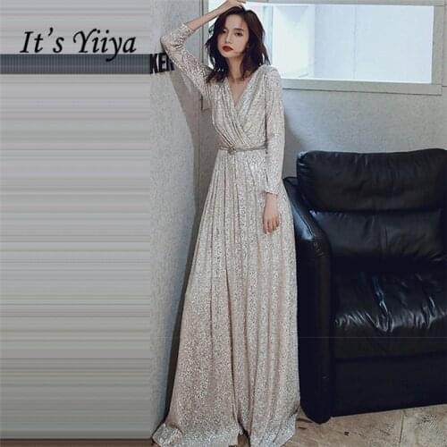 Long Sleeves Evening Gown Its Yiiya K027 V-Neck A-line Pleat Evening Dresses Elegant Shiny Sequined Plus Size Robe De Soiree