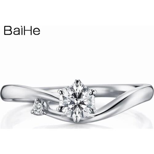 BAIHE Solid 18K White Gold 0.189CT Round Wedding Natural Diamond Ring for Women Trendy Fine Jewelry Engagement Wedding Band Ring