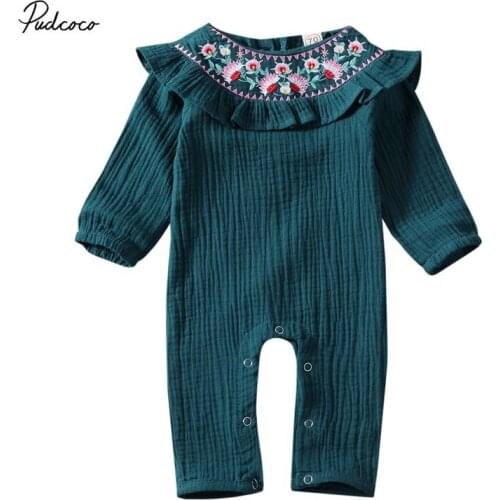 Brand NEW 0-18M Newborn Infant Baby Girl Clothes Floral Embroidery Ruffle Romper Cotton Linen Clothes Autumn Jumpsuit Outfit