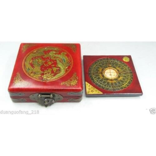BAGUA COMPASS Feng Shui Lo Luo Pan Chi Dragon Phoenix Leather Box Brass Lock