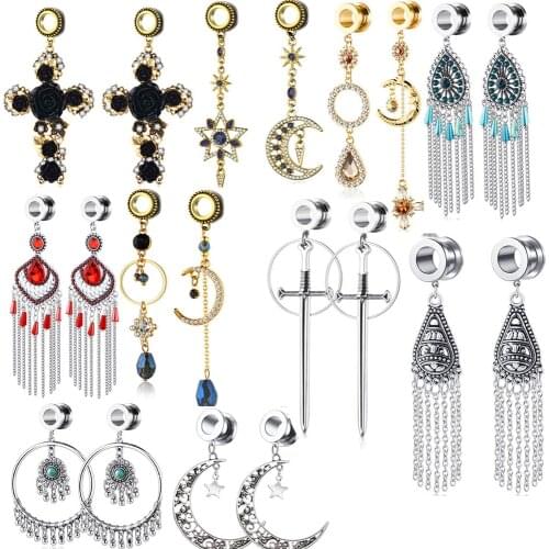 1Pairs tainless Steel Ear Gauges Plugs and Tunnel Bohemia Indian Tassel Ear Tunnels Expander for Women Piercing Strertcher Kit