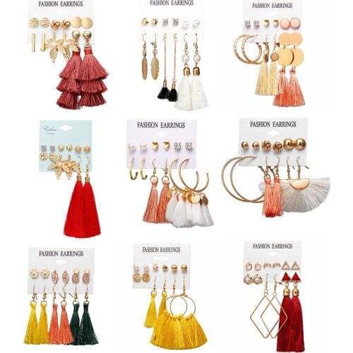 9 Design Fashion Long Tassel Stud Earrings Set For Women Girl 2019 Bohemian Geometric Earring Christmas Brincos Female Jewelry