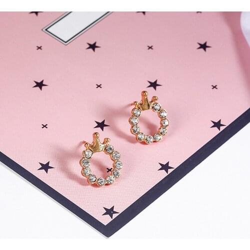 Fashion Round Rhinestone Shiny Crown Stud Earrings Rhinestone Golden Crown Earrings Party Wedding Jewelry Gift