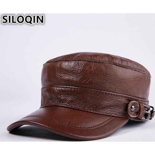 SILOQIN New Winter Mens Leather Hat Thicker Warm Genuine Leather Military Hats Snapback Brands Cowhide Caps For Men Women Bone