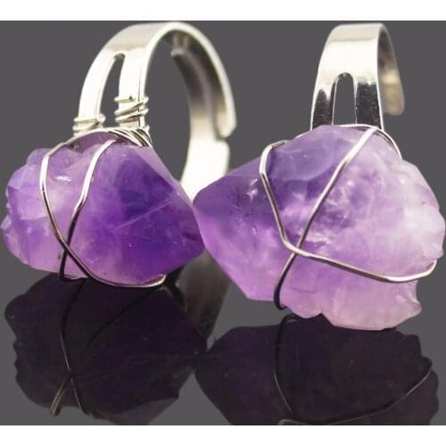 February Birthstone Open Adjustable Ring Natural Amethysts Ring Raw Mineral Ore Crystal Quartz Stone Jewelry Rings Party Wedding