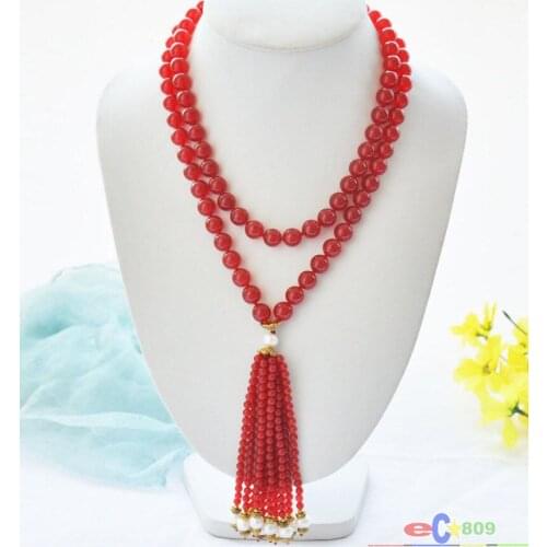 Wholesale 40" 8mm red Natural Stone bead white round pearl necklace