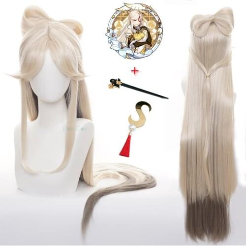 Game Genshin Impact Cosplay Ningguang Wig Light Gold Long Wig Hair Clasp Tassels Hairpin Props Free Wig Cap Halloween Role Play