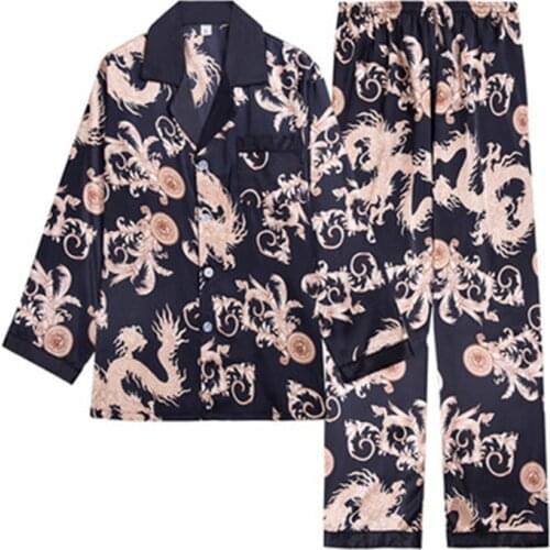 2Piece/Set Men Pajamas Set Women Autumn Man Pyjamas Print Dragon Long Shirt Pants Lingerie Rayon Casual Homewear Big Size