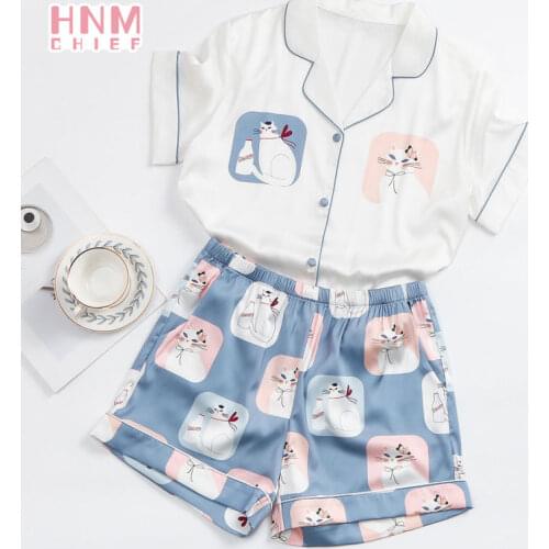 HMN Blue Silk Pajama Sets Summer Cartoon Print Pajamas Suit Girls Loose Casual Sleepwear T-Shirts and Shorts Cute Pjs Homewear