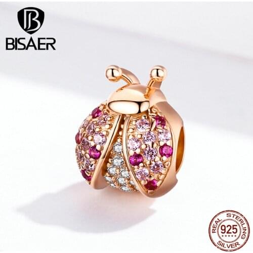 Ladybug charms BISAER 925 sterling silver luxury rose gold ladybug insect beads charms fit bracelets silver 925 jewelry