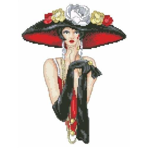 Retro lady cross stitch package woman beauty with hat 18ct 14ct 11ct cloth cotton thread embroidery DIY handmade needlework